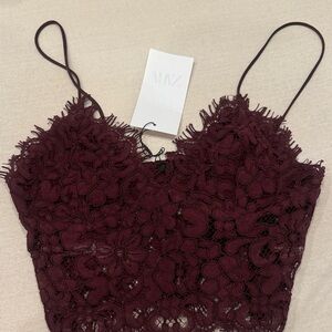 Burgundy Lace Floral Crop Top